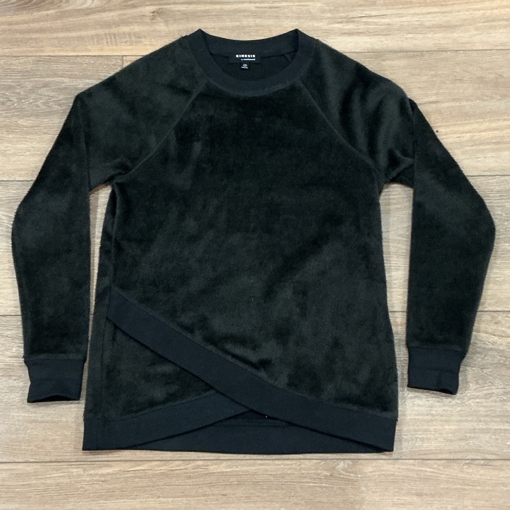 Kinesis Black Crewneck sweatshirt, faux wrap front, size  XS